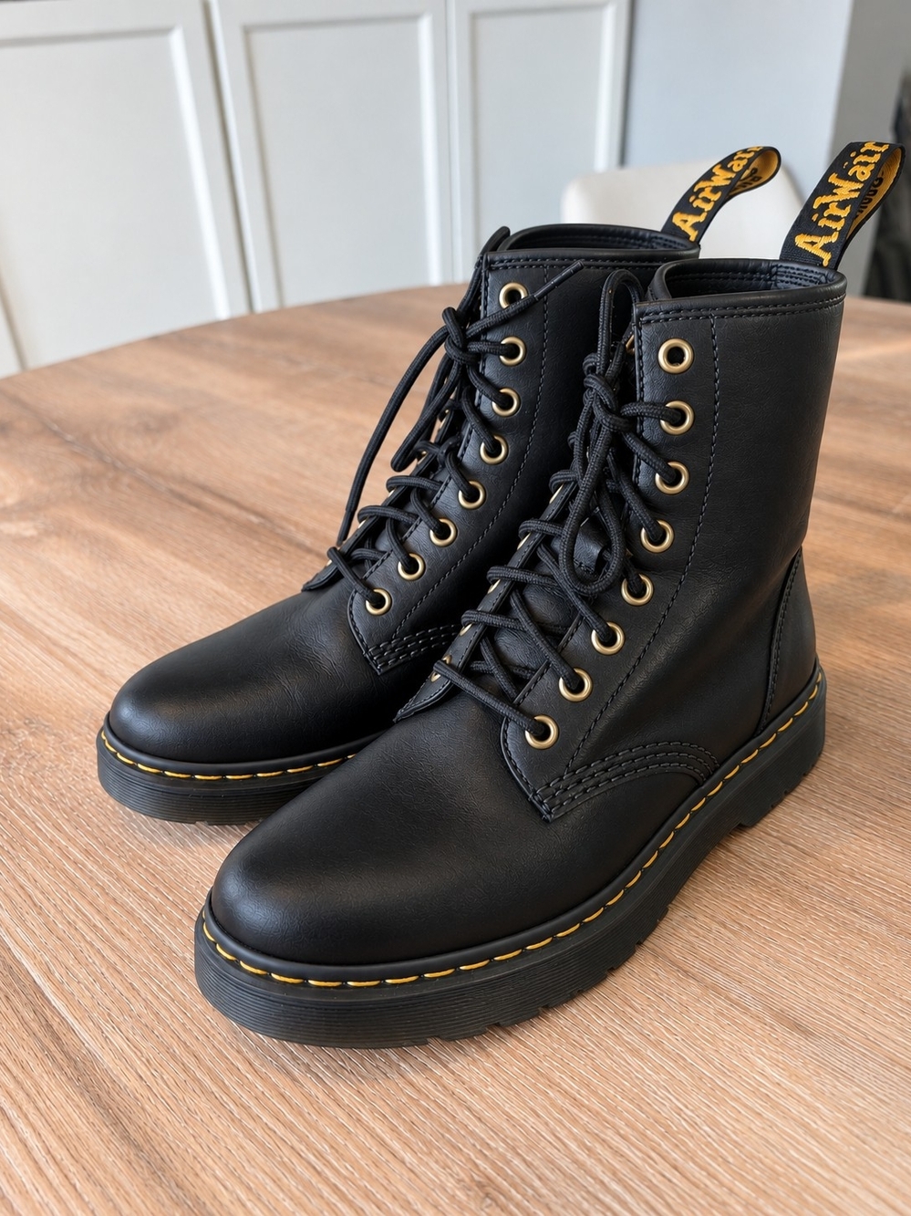 Dr. Martens Black Leather Lace-Up Boots with Yellow Stitching